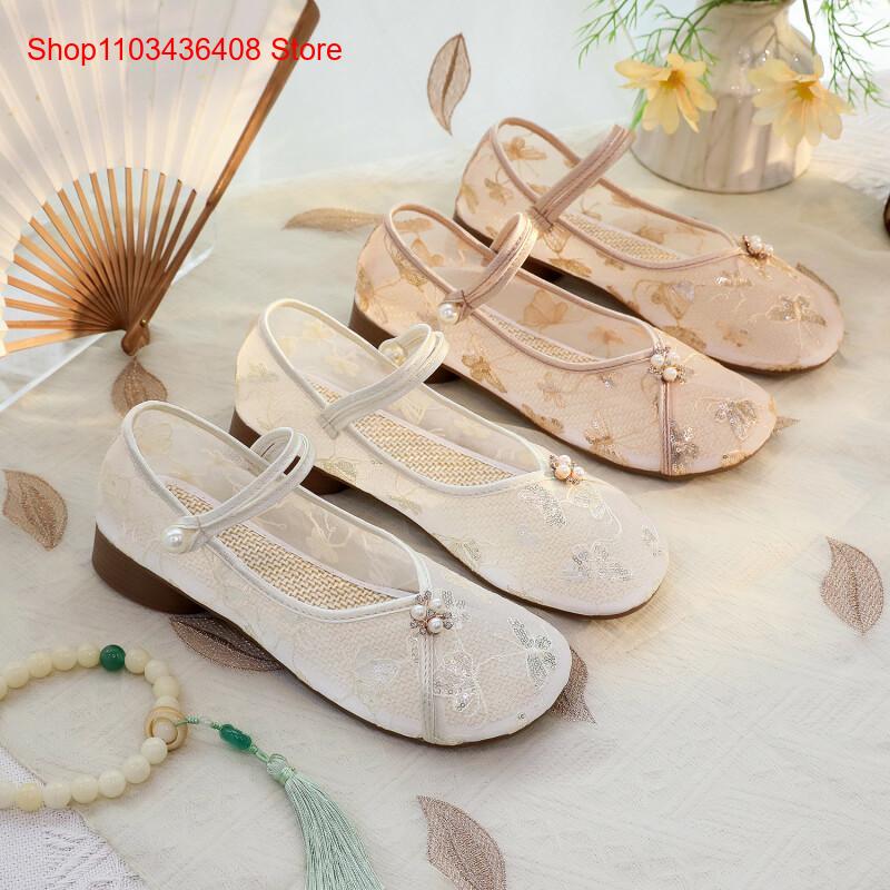 Embroidery Canvas - Neue Mesh-Schuhe mit niedrigem Absatz, Cheongsam-Pailletten-Stickerei,