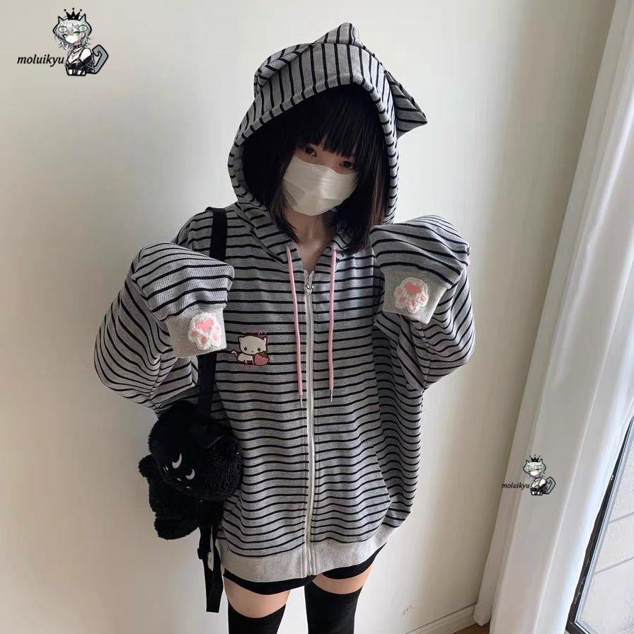 Embroidery Cat - Y2K Damen Gestreifte Reißverschlussjacke Kawaii Katzenohr-Hoodie