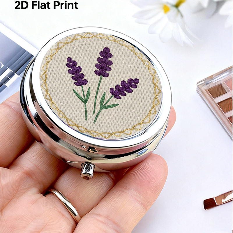 Embroidery Unique Design - Lila Lavendel-Blumenstickerei-Muster Runde Metall-Pillendose, Dreiteilige Tragbare
