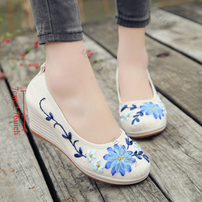 Embroidery Canvas - Bestickte Damen-Komfort-Keilabsatzschuhe, modische Schleifen-Damenschuhe mit hohen
