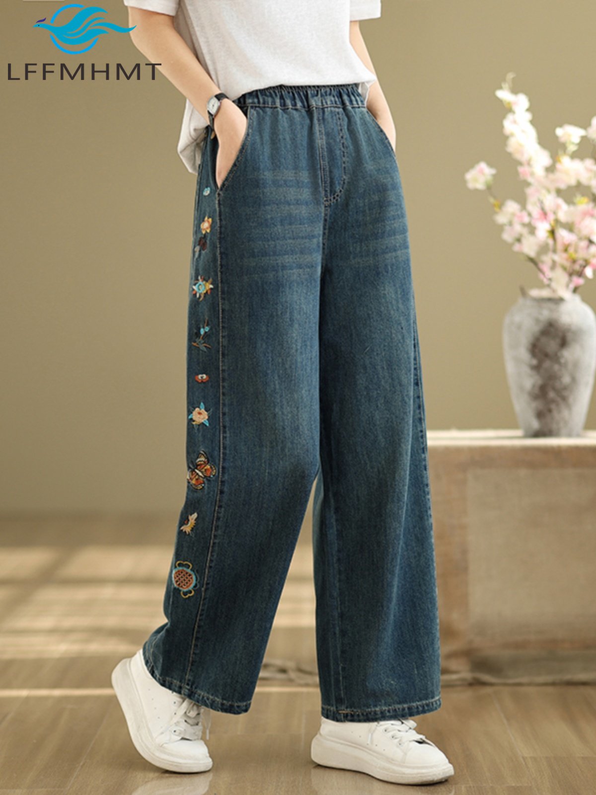 Embroidery Unique Design - Blumenstickerei Damen-Jeans Gute Qualität Elastischer Bund