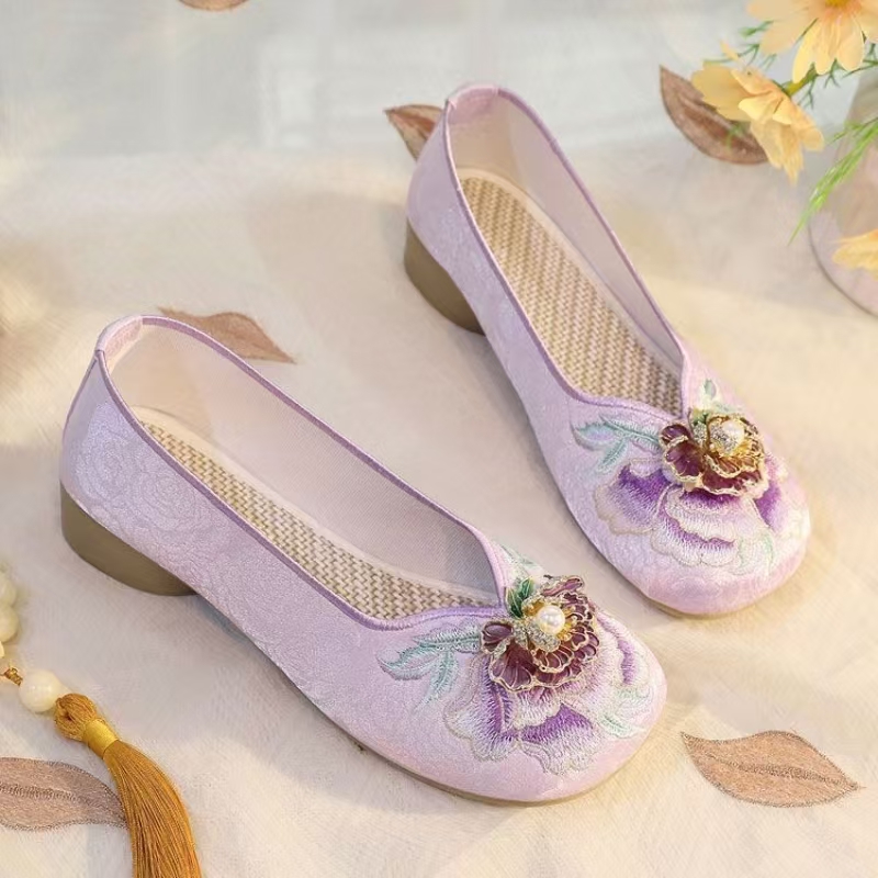 Embroidery Canvas - Damen-Schuhe mit niedrigem Absatz, bestickte Stoffschuhe,
